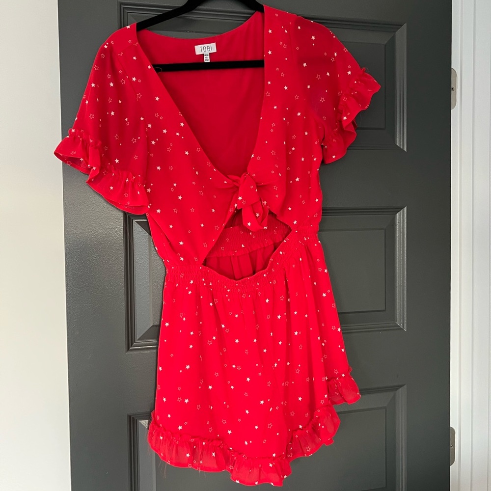 RED ROMPER WITH TIE FRONT CUT OUT
